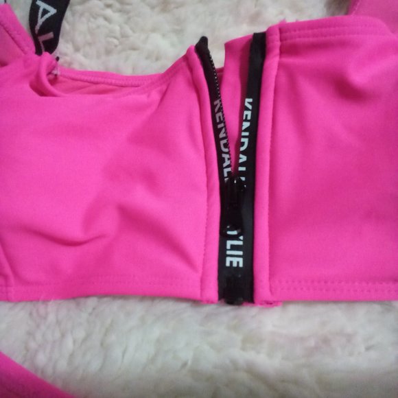 😎Kendall+Kylie Brand Logo HOT PINK 2-PC Neon Swimsuit w/Zipper Size=L NWT - Picture 5 of 5